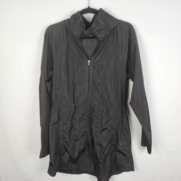 Nordstrom Apana Anorak Rain Jacket Stowaway Hood Women Wind Breaker Black Long - Picture 1 of 6